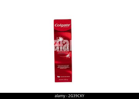 Istanbul, Turkey - June 10, 2021:Colgate Toothpaste, Advanced Sensation White, isolated on white. Colgate is a brand of toothpaste produced by Colgate Stock Photo