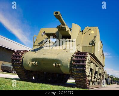 The Sexton 25 pounder, Self Propelled Gun is positioned into place in ...