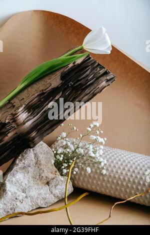 Creative boho still life composition with natural materials stone wood paper flower plant dry branches on brown craft paper. Abstract minimalist Stock Photo