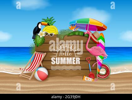 Hello summer poster with beach elements, tropical flowers, leaves, birds and wooden sigboard on beach landscape Stock Vector