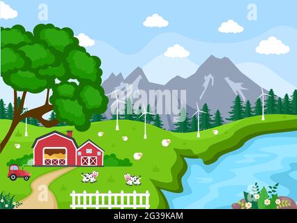 Cute Cartoon Farm Animals Vector Illustration With Cow, Horse, Chicken, Duck, or Sheep. For Postcard, Background, Wallpaper, and Poster Stock Vector