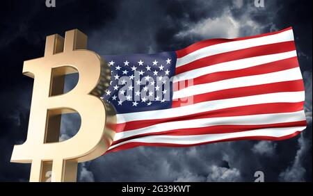 Gold bitcoin cryptocurrency with a waving USA flag. 3D Rendering Stock Photo