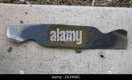 Lawn mower blade that is rusty, damaged, and dull and needing sharpened ...