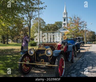 Antique autos parked on the Town Common in Petersham, Massachusetts Stock Photo