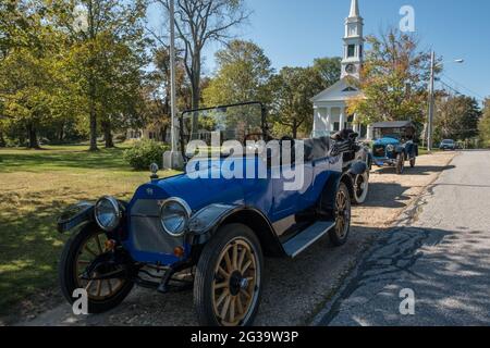 Antique autos parked on the Town Common in Petersham, Massachusetts Stock Photo