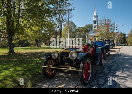 Antique autos parked on the Town Common in Petersham, Massachusetts Stock Photo