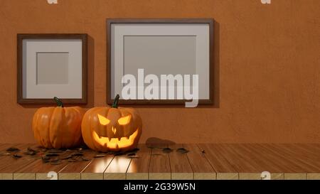 Halloween decorations with pumpkin lamps on the table and mock-up frames on the wall, 3D rendering, 3D illustration Stock Photo