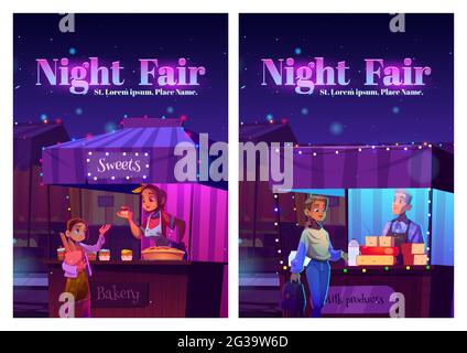 Night fair posters with food market on street. Vector flyers of festive marketplace with cartoon illustration of wooden stalls with bakery and milk products and vendors at counter Stock Vector
