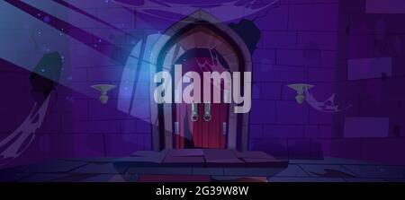 Abandoned dungeon, medieval castle night interior with moonlight fall on wood arched door and barred window shadow on cracked stone wall with spiderweb. Dilapidated palace Cartoon vector illustration Stock Vector