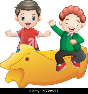 Happy little two kids with a yellow toy isolated on white background Stock Vector