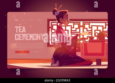 Tea ceremony cartoon banner, invitation in asian restaurant, woman wear ...