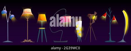 Lamps, ceiling and floor glowing electric bulbs, incandescent modern lightbulbs, torchere of different shapes and design. Light equipment isolated on black background. Cartoon vector illustration, set Stock Vector