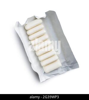 Mint chewing gum in paper packaging isolated on white background. Stock Photo