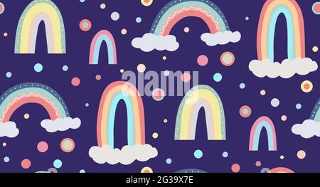 Cute childish pattern of the sky. Seamless pattern with different rainbows, clouds and dots. Vector wallpaper in gentle pastel colors on a dark backgr Stock Vector