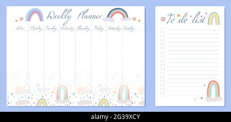 Set of child day organization templates with rainbow, cloud and dots. Weekly planner and to do list. Setting tasks for the day and for the week Stock Vector