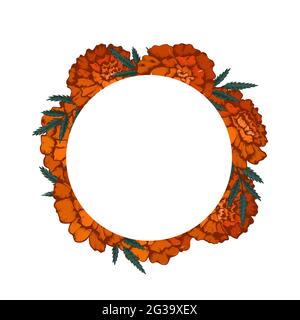 Round frame with colorful sketch of marigolds and copy space. Invitation cards with flowerhead and leaves. Vector outline natural template for postcar Stock Vector