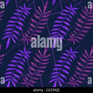 Seamless neon pattern with tropical leaves with folk decoration on geometric lines. Texture with violet leaves with tribal ornament. Vector wallpaper Stock Vector