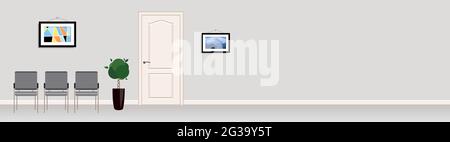 Four grey chairs and wall clock in waiting room. Concept of hiring or receiving in a clinic. Wide banner with copy space for text.  Vector illustratio Stock Vector