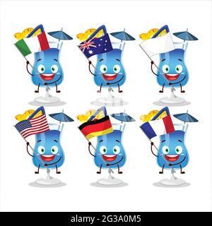 Blue hawaii cartoon character bring the flags of various countries. Vector illustration Stock Vector