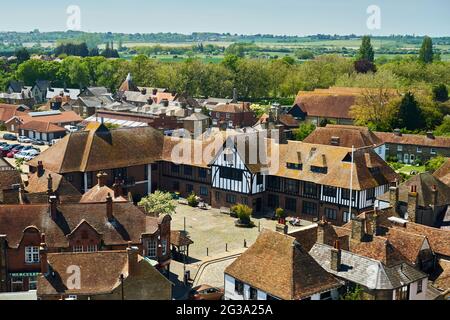 Sandwich, United Kingdom - June 1, 2021: Sandwich Guildhall Museum viewed from the top of St Peter's Church Stock Photo