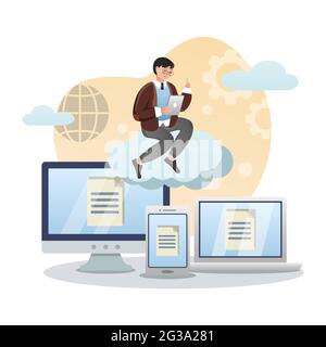 Cloud Computing. Isolated flat style colored illustration. Cloud storage, online base, marketing solution. A man is sitting on a cloud over comuters. Stock Vector