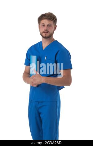 Male nurse in blue uniform with stethoscope and document folder isolated on white background Stock Photo