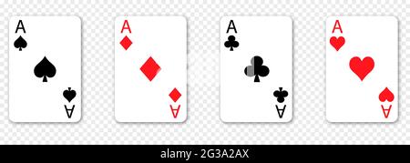 Set of four aces playing cards. Collection of hearts, spades, clubs and diamonds ace suit. Vector illustration isolated on transparent background Stock Vector