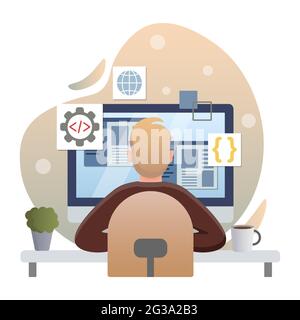 Programming. Isolated flat style colored illustration. Cloud storage, online base, marketing solution. Programmer in front of the monitor. Stock Vector