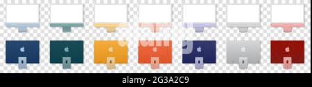 Vinnytsia, Ukraine - June 10, 2021 Set of new iMac computer in all colors. Realistic mockup. Editorial vector isolated on transparent background Stock Vector