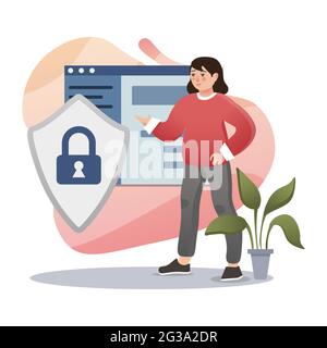 Online Privacy. Isolated flat style colored illustration. Cloud storage, online base, marketing solution. Girl guarding privacy. Stock Vector
