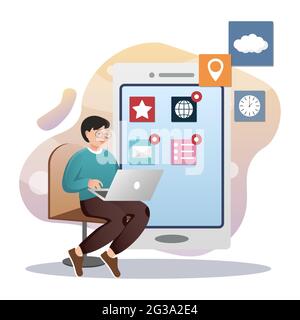 App Development. Isolated flat style colored illustration. Cloud storage, online base, marketing solution. Development of mobile systems. Stock Vector