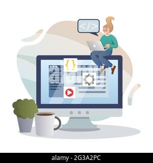 Web Development. Isolated flat style colored illustration. Cloud storage, online base, marketing solution. Developer on the monitor. Stock Vector