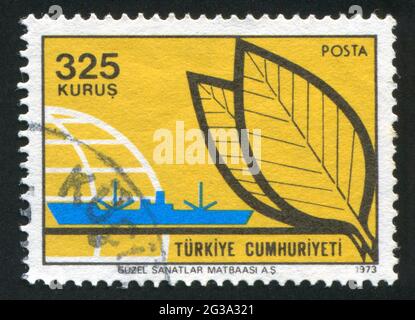 TURKEY- CIRCA 1991: stamp printed by Turkey, shows tobacco and ship, circa 1990 Stock Photo