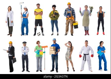 Collage set collection of people with various occupations professionals standing isolated on white background Stock Photo