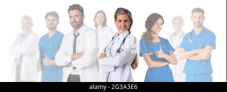 Team portrait of medical workers, doctors, nurses isolated on white background Stock Photo