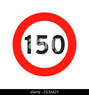 Speed limit 150 round road traffic icon sign flat style design vector illustration isolated on white background. Circle standard road sign with number Stock Vector