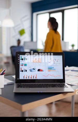 Close up of laptop with graphs, charts of marketing agency. Workplace area in business center with multi ethnic employees in it, shot of room with modern furniture and blue wall. Stock Photo