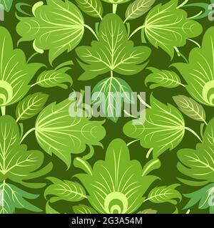 Green vegetable seamless pattern. Leaves. Beautiful ornament with interlacing branches and flowers. Flatly symbolic style. Background illustration Stock Vector