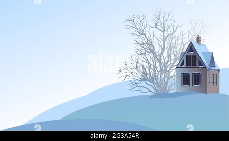 Rural small house in winter. Landscape. Christmas night. Quiet winter evening. The gable roof is covered with snow. Nice and cozy suburban village Stock Vector