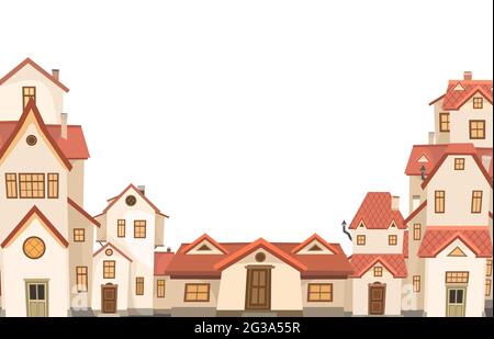 Cartoon houses with red roofs. Village or town. Frame. A beautiful, cozy country house in a traditional European style. Nice funny home. Rural Stock Vector