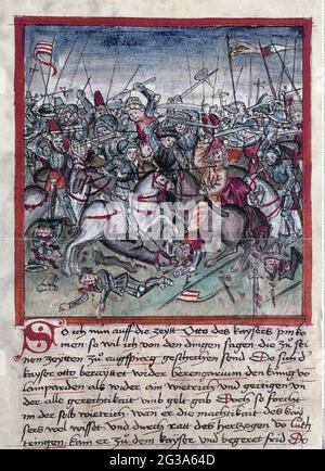 Magyar Invasions 899 - 955, Battle of Lechfeld, 10.8.955, illumination by Hector Muelich, ADDITIONAL-RIGHTS-CLEARANCE-INFO-NOT-AVAILABLE Stock Photo