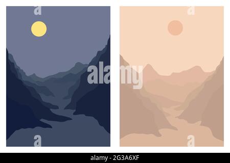 Set of aesthetic day and night landscape of mountains, moon and sun. Wall decor. Minimalist art print template. Modern vector illustration Stock Vector