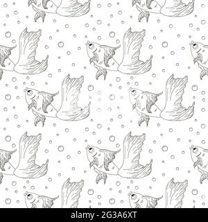 Hand drawn gold fish with air bubbles background. Repeated vector illustration for backdrop, wrapping paper, fabric, textile, web, wallpaper and texture Stock Vector