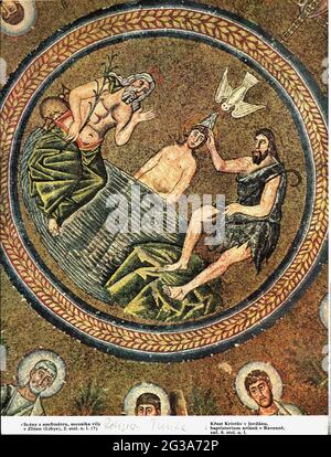 religion, Christianity, Jesus Christ, scenes of his life, baptism in the river Jordan, mosaic, ADDITIONAL-RIGHTS-CLEARANCE-INFO-NOT-AVAILABLE Stock Photo