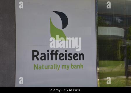 Luxemburg, Luxembourg. 13th June, 2021. Logo, lettering of Banque Raiffeisen in Luxembourg Credit: Horst Galuschka/dpa/Alamy Live News Stock Photo