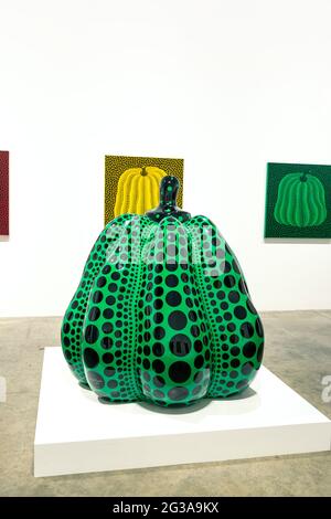 23 July 2016 - Green pumpkin with black dots sculpture, Yayoi Kusama exhibition at Victoria Miro art gallery in London, UK Stock Photo