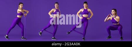 Sport collage of young fit woman in action and motion over color studio background Stock Photo