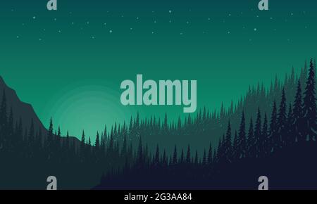 Panoramic view of mountains with extraordinary forest from the outskirts of the city at night. Vector illustration of a city Stock Vector