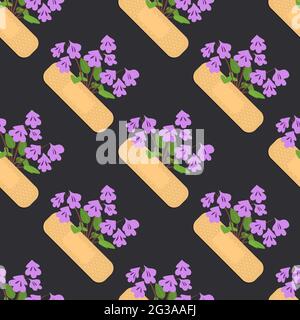 Seamless pattern with sticking plasters and purple flowers. Medical patch repeat texture. Stock Vector