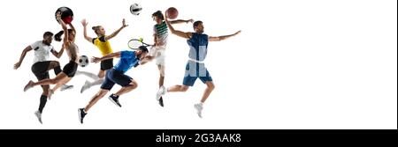 Collage of different professional sportsmen, Basketball, tennis, voleyball, fitness, running, soccer football Stock Photo